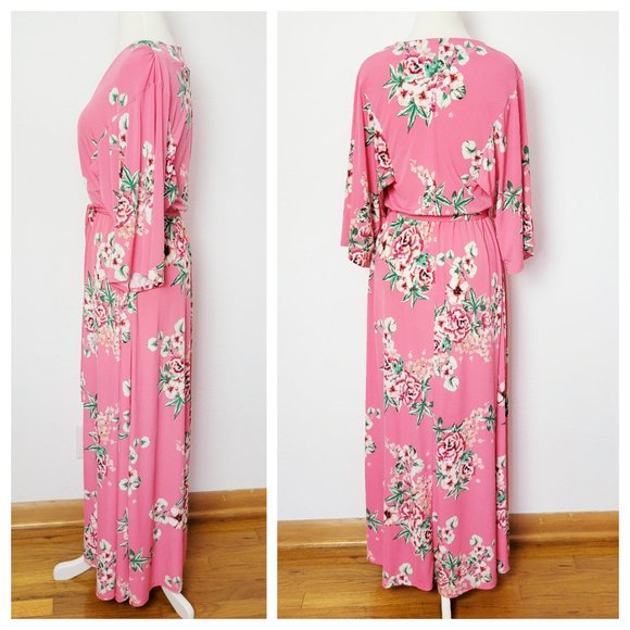 !!SOLD!! New York & Company Pink Floral Belted Maxi Dress w Kimono Style Sleeves - Picture 12 of 16